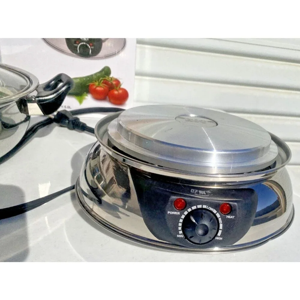 Electric Hot Pot Steamboat Stainless Steel w/Glass Lid 30 cm,  By Helperware